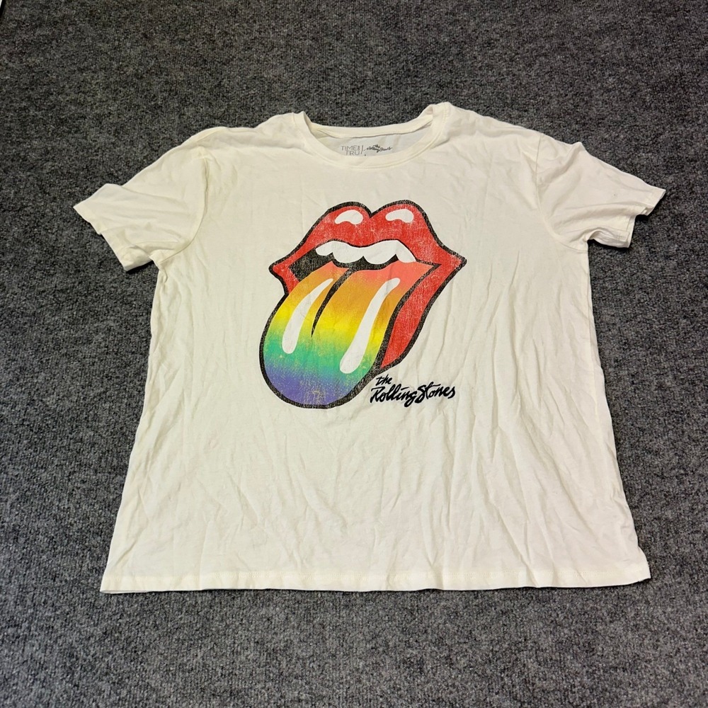 Time and Tru T-Shirt Womens Size L Cream Rolling Stones Rainbow Tongue Graphic